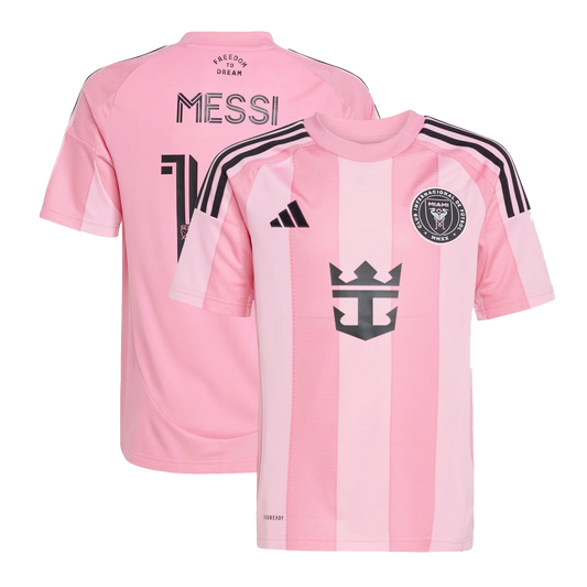 Front and back view of Inter Miami CF 2026 home pink replica jersey featuring Lionel Messi by Final Third Kit