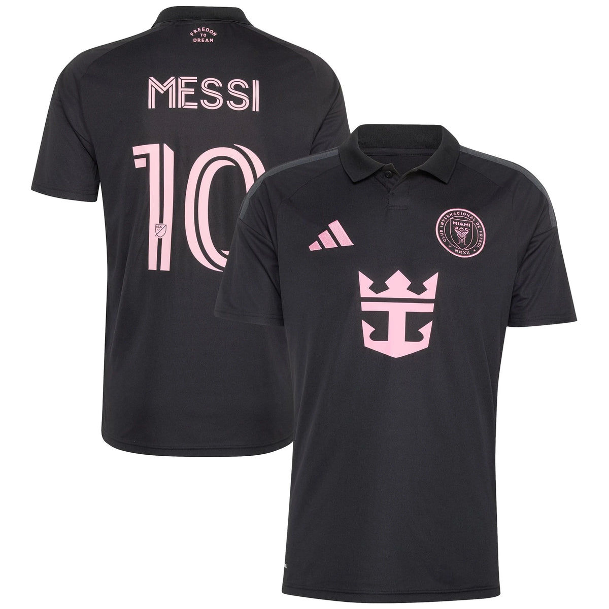 Front and back view of Inter Miami CF 2026 Presagio black replica jersey featuring Lionel Messi by Final Third Kit