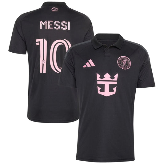 Front and back view of Inter Miami CF 2026 Presagio black replica jersey featuring Lionel Messi by Final Third Kit