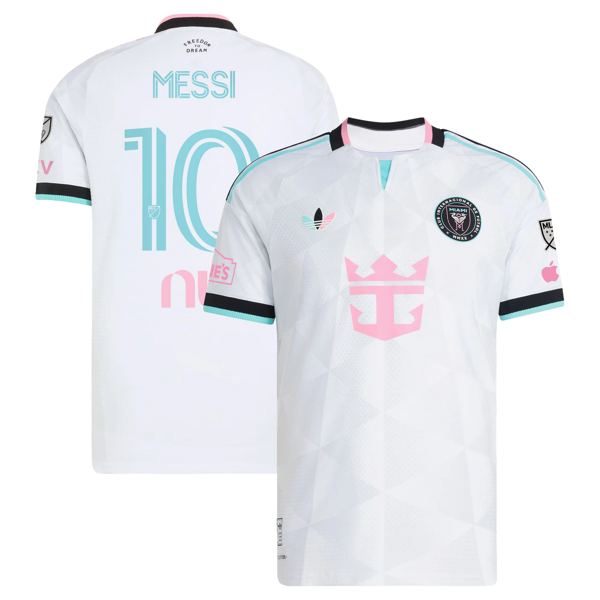 Front and back view of Inter Miami CF 2026 third white on-field authentic jersey featuring Lionel Messi by Final Third Kit