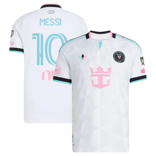 Front and back view of Inter Miami CF 2026 third white on-field authentic jersey featuring Lionel Messi by Final Third Kit
