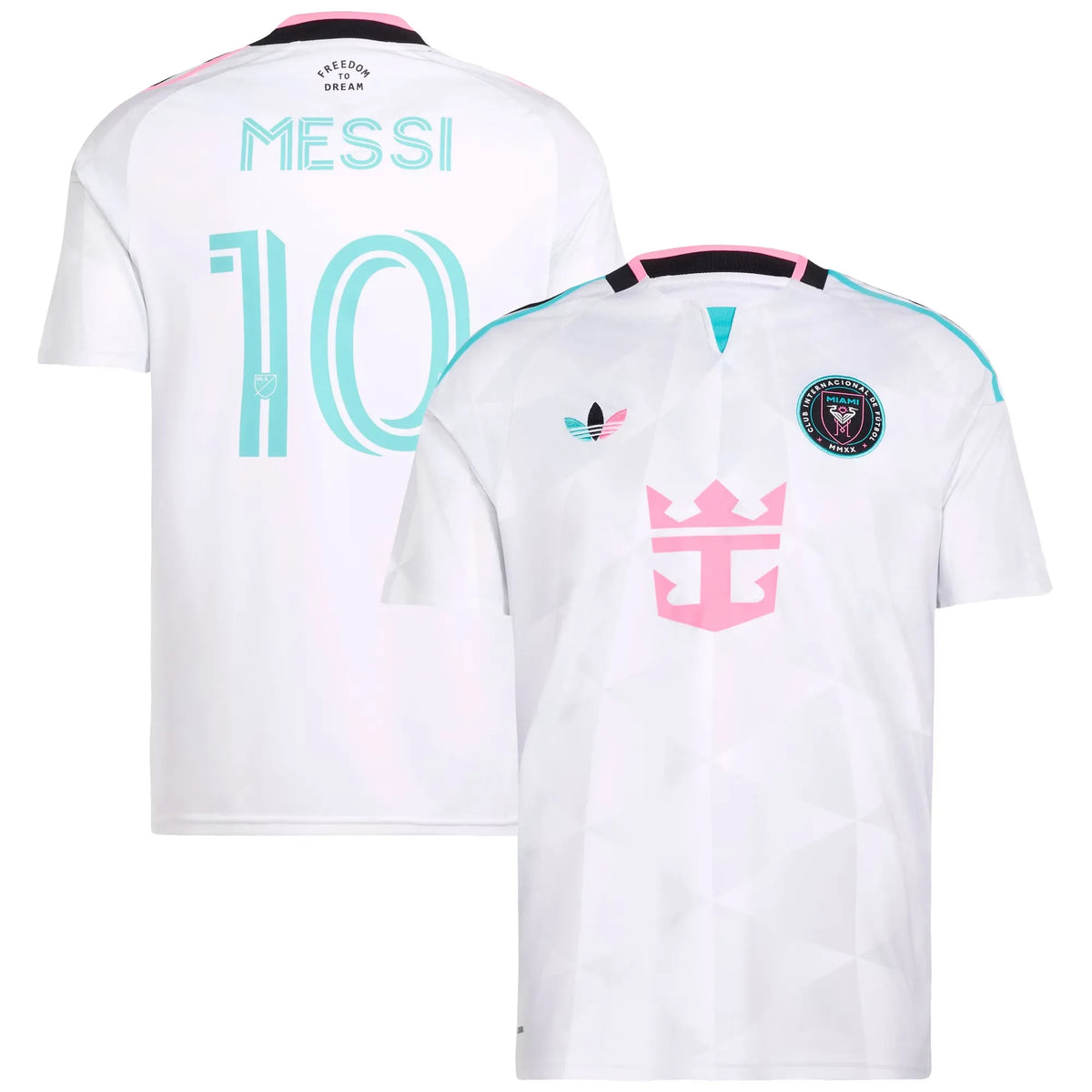 Front and back view of Inter Miami CF 2026 third white replica jersey featuring Lionel Messi by Final Third Kit
