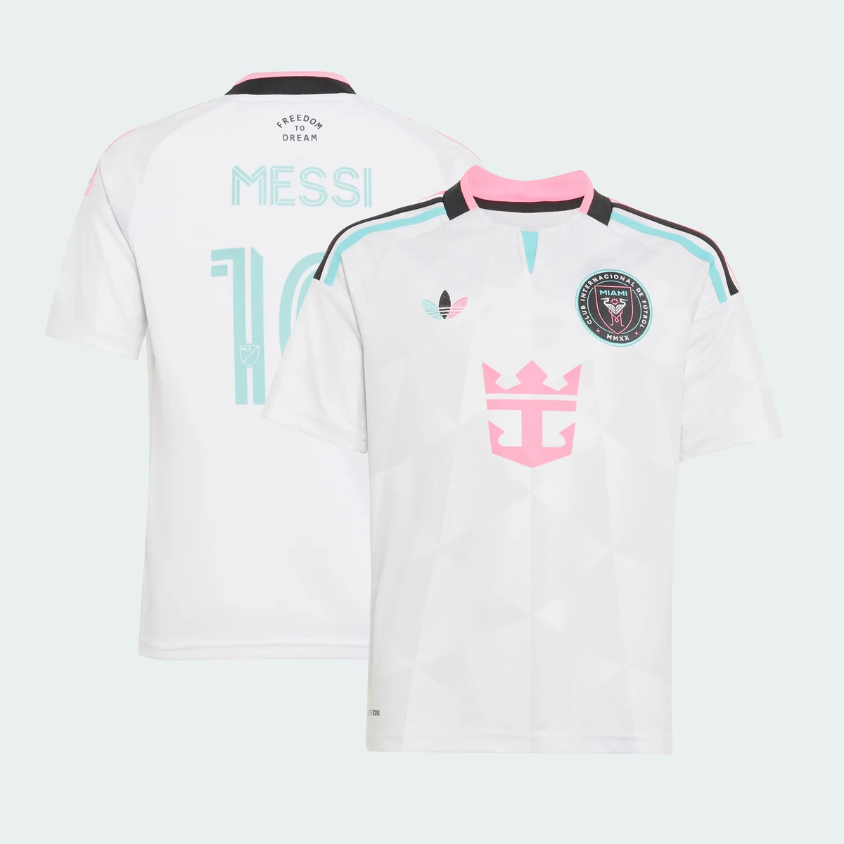 Front and back view of youth Inter Miami CF 2026 third white jersey featuring Lionel Messi by Final Third Kit