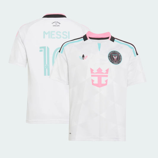 Front and back view of youth Inter Miami CF 2026 third white jersey featuring Lionel Messi by Final Third Kit