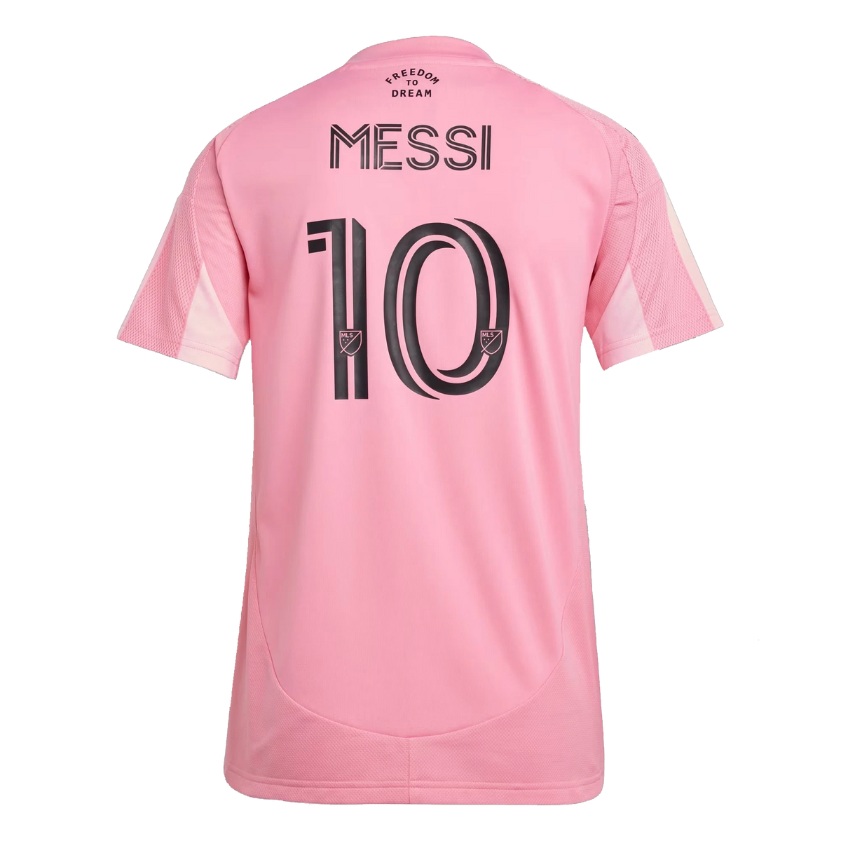 Back view of women's Inter Miami CF 2025-2026 home pink replica football shirt with Lionel Messi name and number 10 printing by Final Third Kit