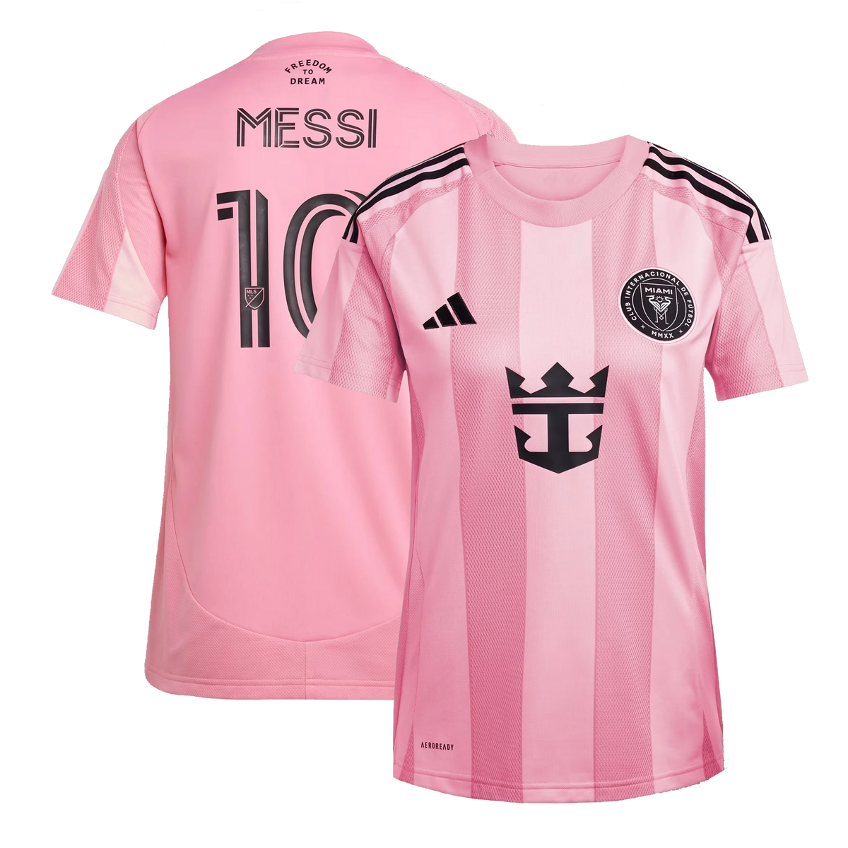 Front and back view of women's Inter Miami CF 2025-2026 home pink replica jersey featuring Lionel Messi by Final Third Kit