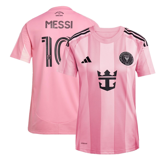 Front and back view of women's Inter Miami CF 2025-2026 home pink replica jersey featuring Lionel Messi by Final Third Kit