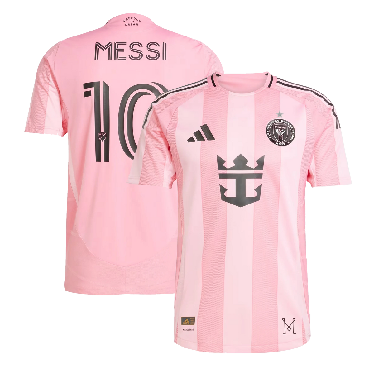 Front and back view of Inter Miami CF 2026-2027 home pink authentic jersey featuring Lionel Messi by Final Third Kit