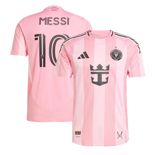 Front and back view of Inter Miami CF 2026-2027 home pink authentic jersey featuring Lionel Messi by Final Third Kit