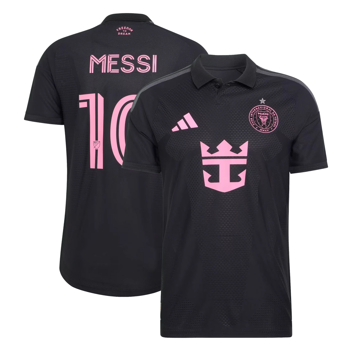 Front and back view of Inter Miami CF 2026 away black authentic jersey featuring Lionel Messi by Final Third Kit