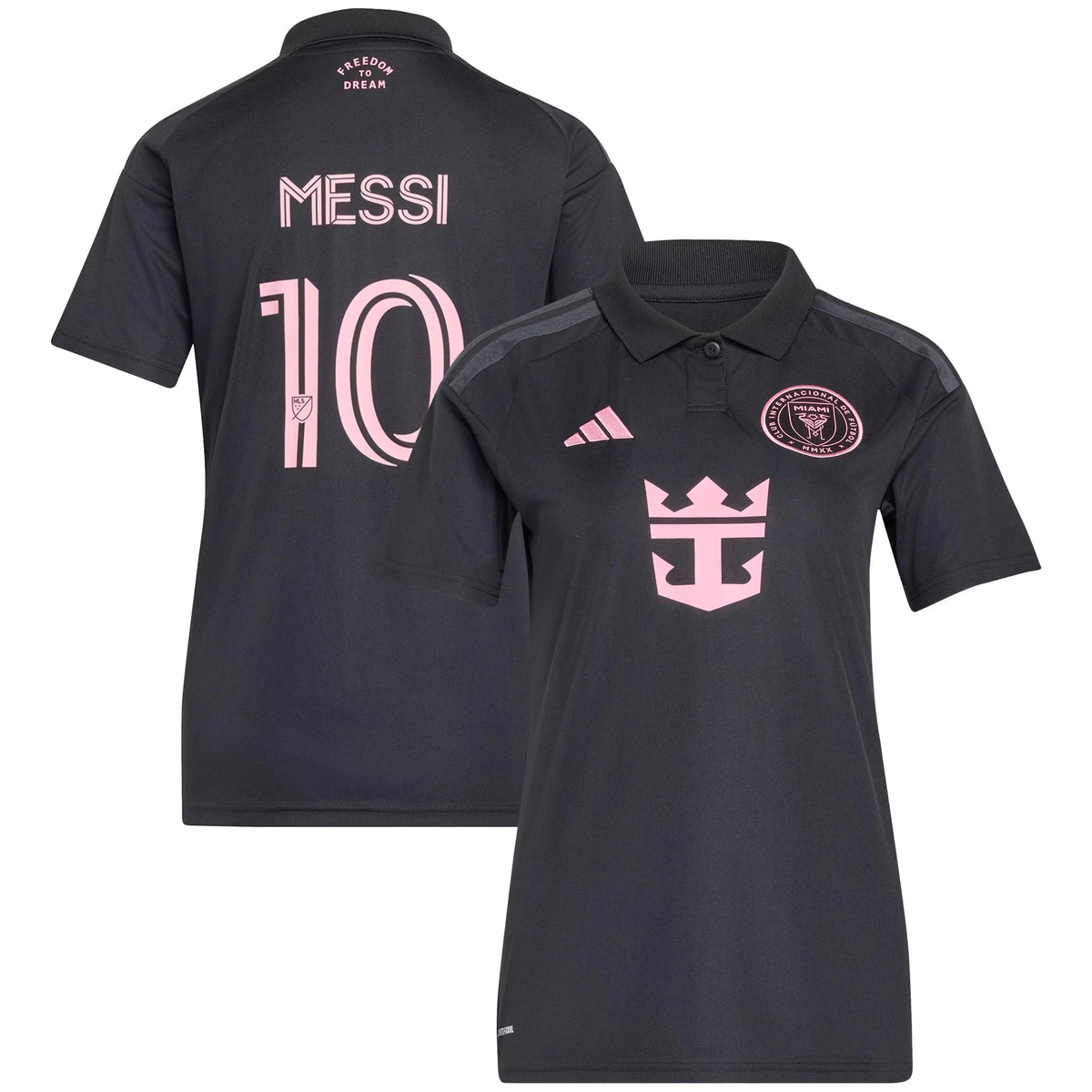 Front and back view of women's Inter Miami CF 2026 Presagio black replica jersey featuring Lionel Messi by Final Third Kit