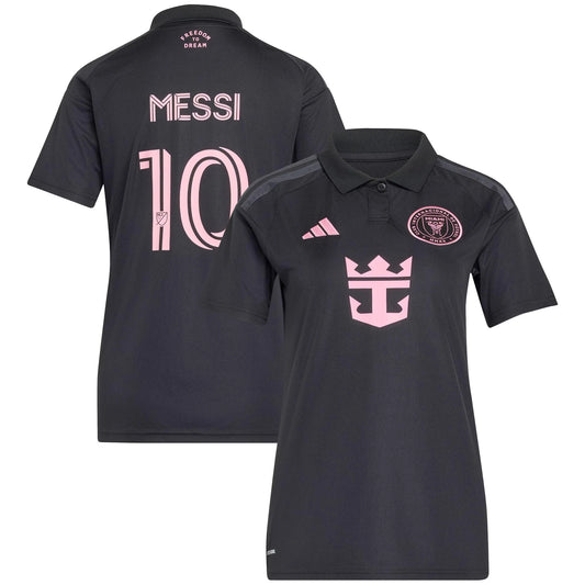 Front and back view of women's Inter Miami CF 2026 Presagio black replica jersey featuring Lionel Messi by Final Third Kit