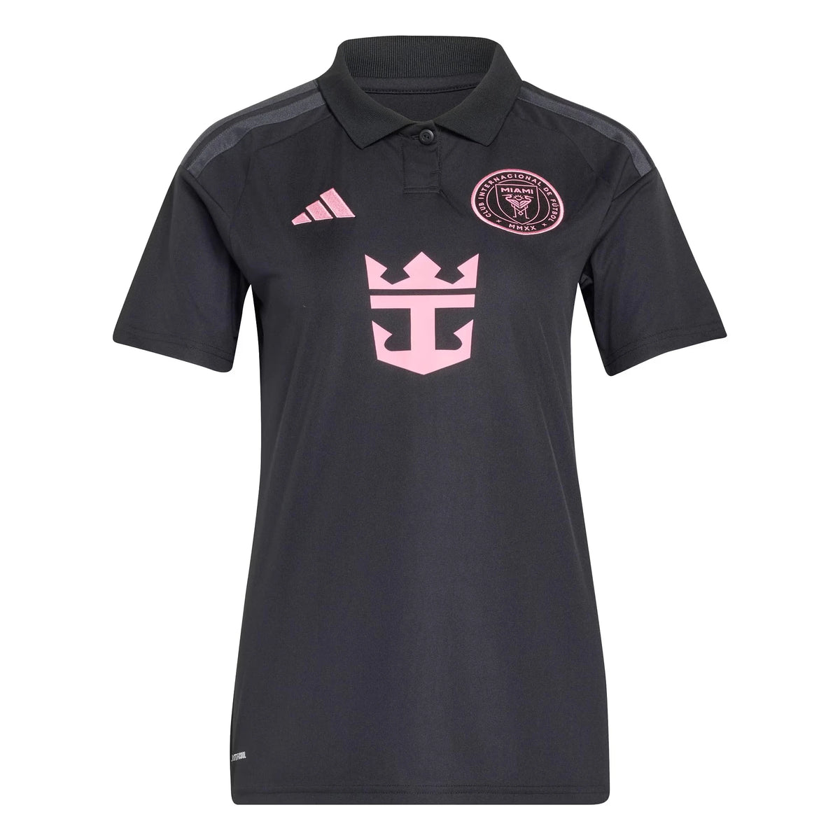 Front view of women's Inter Miami CF 2026 Presagio black replica soccer jersey by Final Third Kit