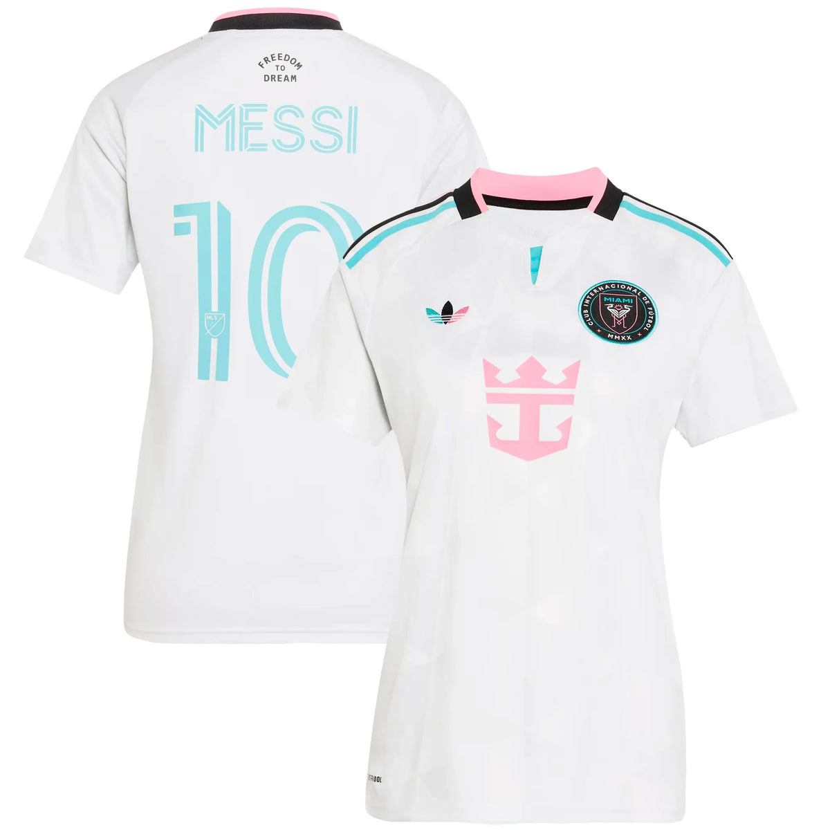 Front and back view of women's Inter Miami CF 2026 third white replica jersey featuring Lionel Messi by Final Third Kit