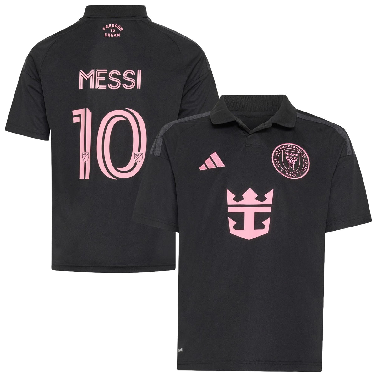 Front and back view of youth Inter Miami CF 2026 Presagio black replica jersey featuring Lionel Messi by Final Third Kit