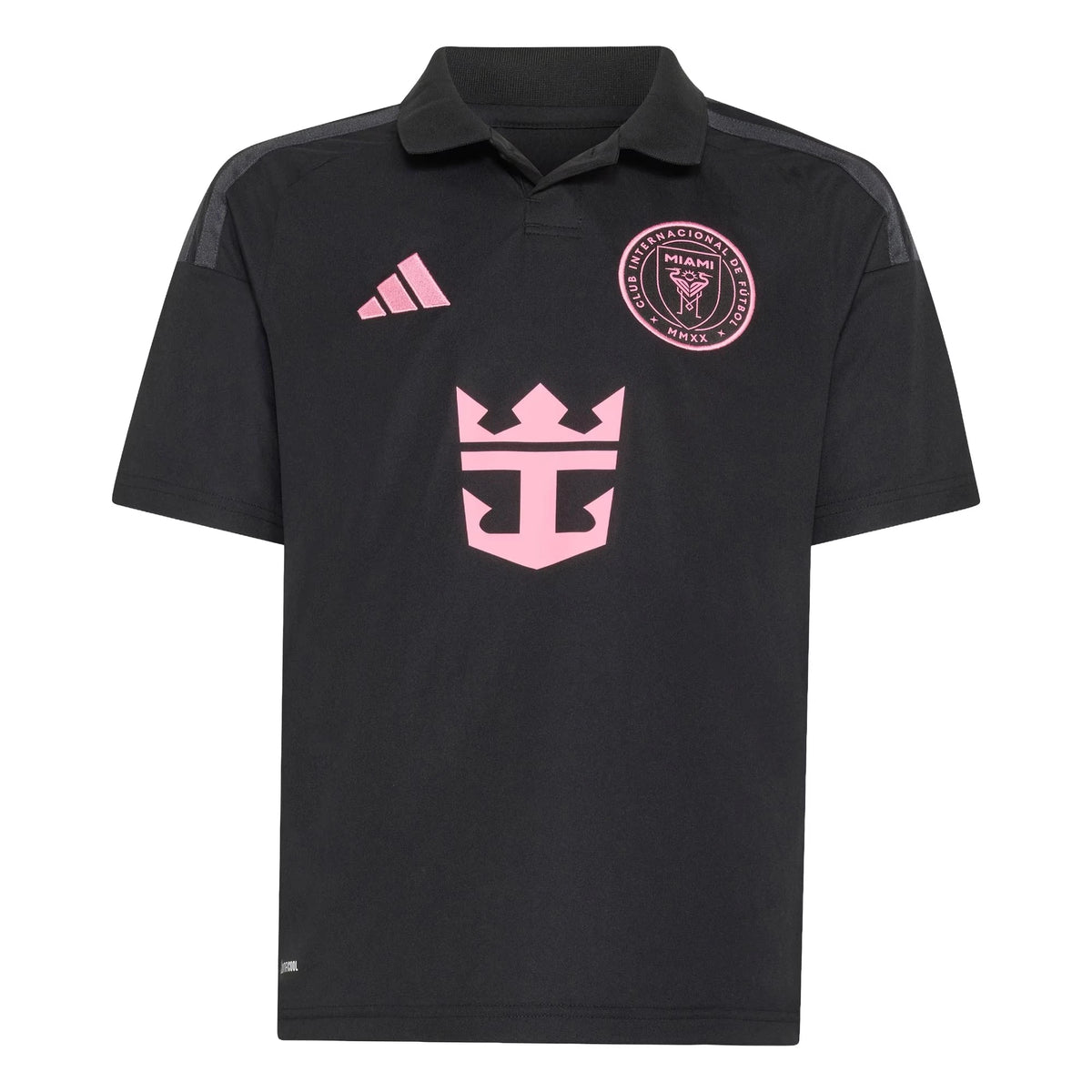 Front view of youth Inter Miami CF 2026 Presagio black replica soccer jersey by Final Third Kit