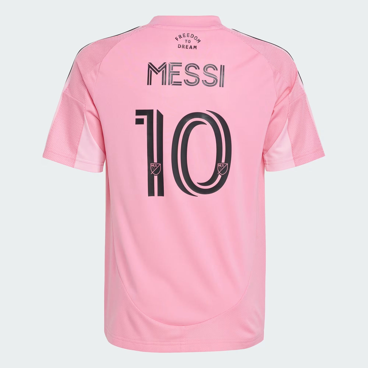 Back view of youth Inter Miami CF 2026 home light pink replica football shirt with Lionel Messi name and number 10 printing by Final Third Kit