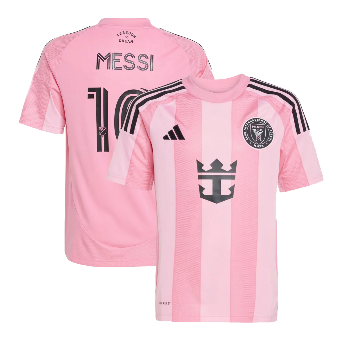 Front and back view of youth Inter Miami CF 2026 home light pink replica jersey featuring Lionel Messi by Final Third Kit