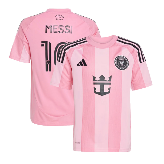 Front and back view of youth Inter Miami CF 2026 home light pink replica jersey featuring Lionel Messi by Final Third Kit