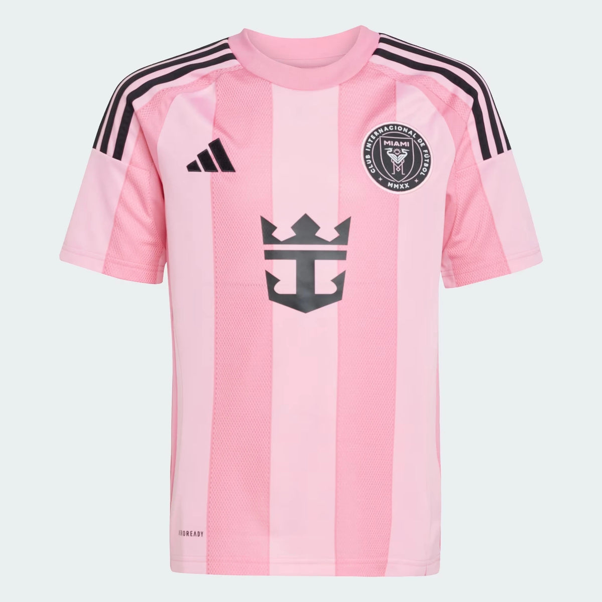 Front view of youth Inter Miami CF 2026 home light pink replica soccer jersey by Final Third Kit