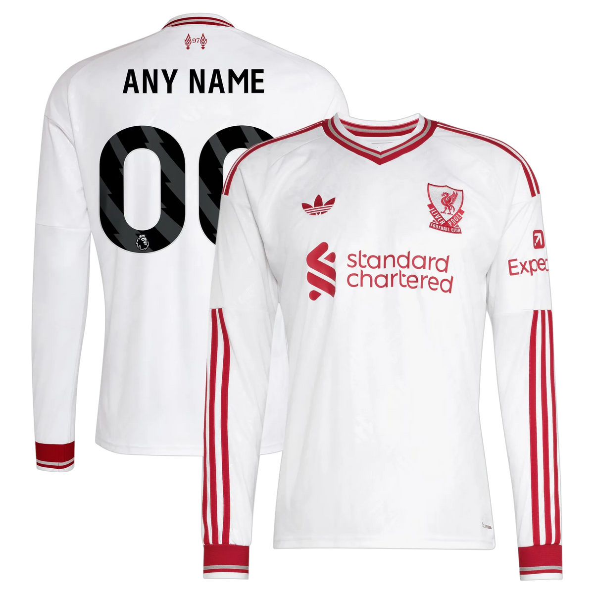 Front and back view of Liverpool 2026-2027 away white replica long sleeve custom jersey by Final Third Kit