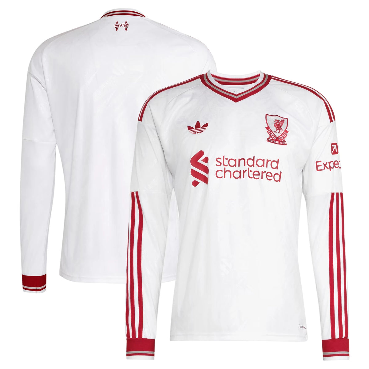 Front and back view of Liverpool 2026-2027 away white replica long sleeve jersey by Final Third Kit