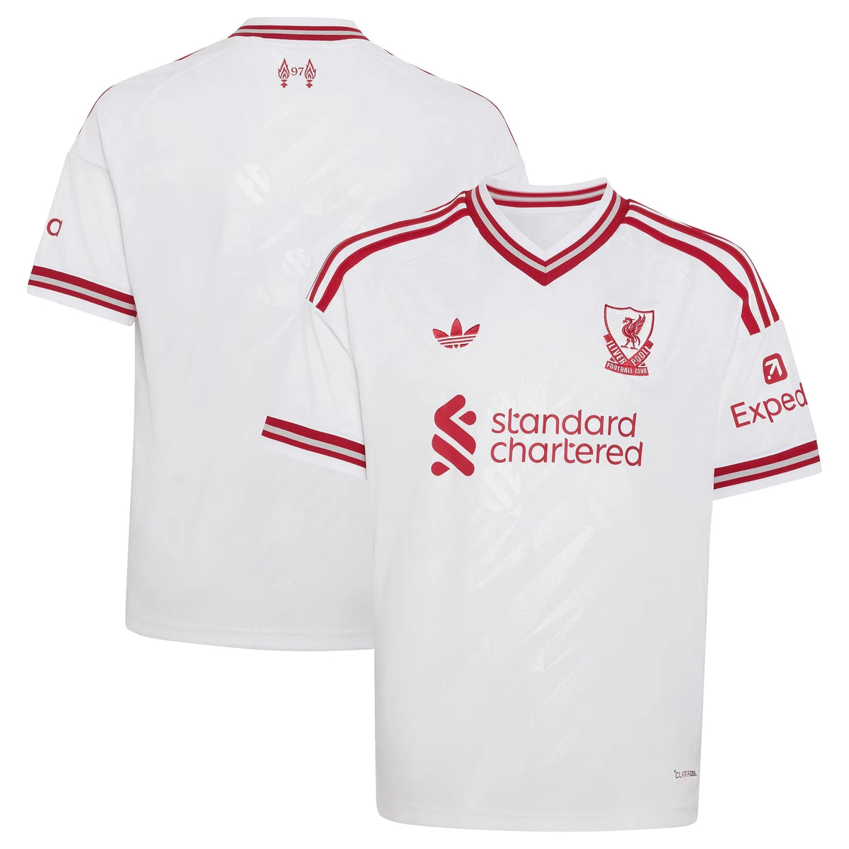 Front and back view of youth Liverpool 2026-2027 away white replica jersey by Final Third Kit
