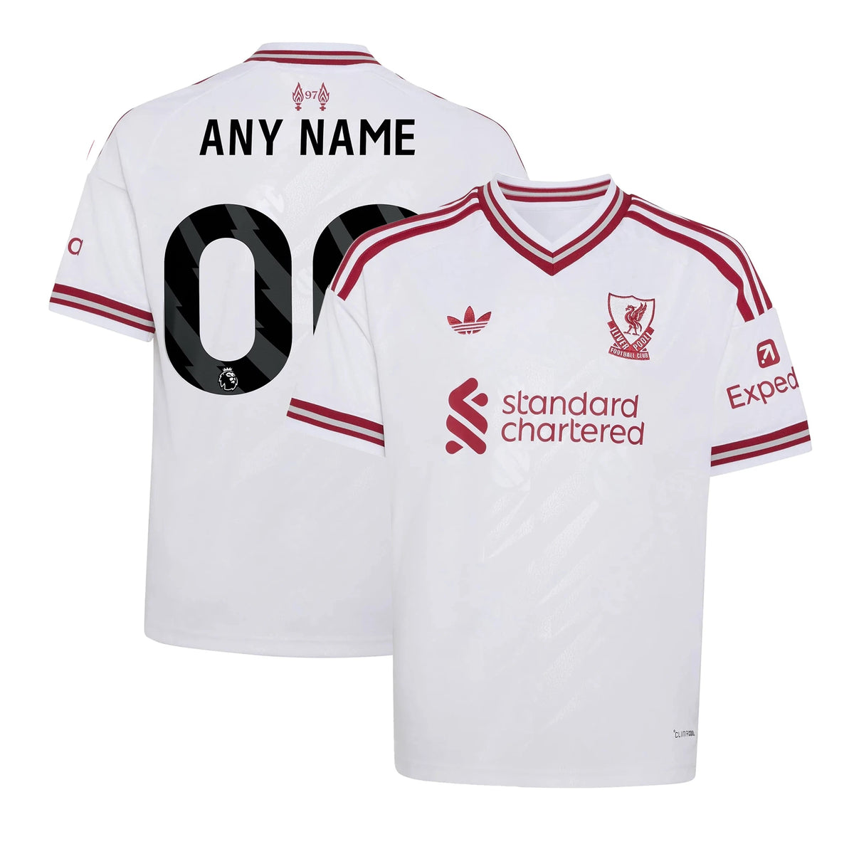 Front and back view of youth Liverpool 2026-2027 away white replica custom jersey by Final Third Kit