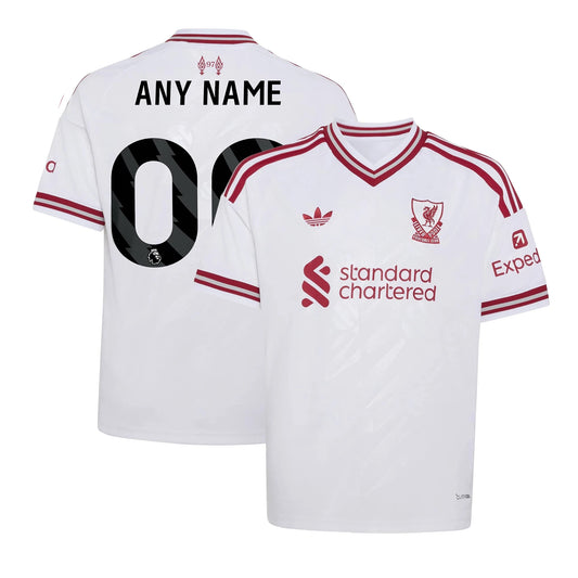 Front and back view of youth Liverpool 2026-2027 away white replica custom jersey by Final Third Kit