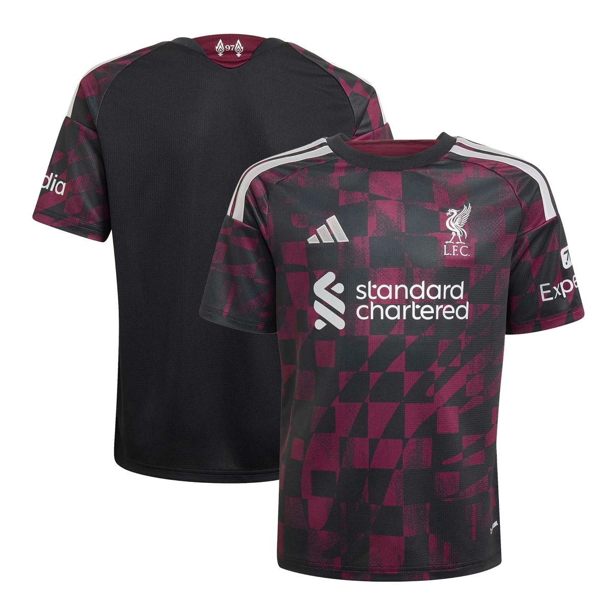 Front and back view of youth Liverpool 2026-2027 third black replica jersey by Final Third Kit