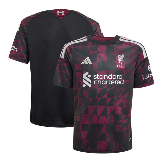 Front and back view of youth Liverpool 2026-2027 third black replica jersey by Final Third Kit