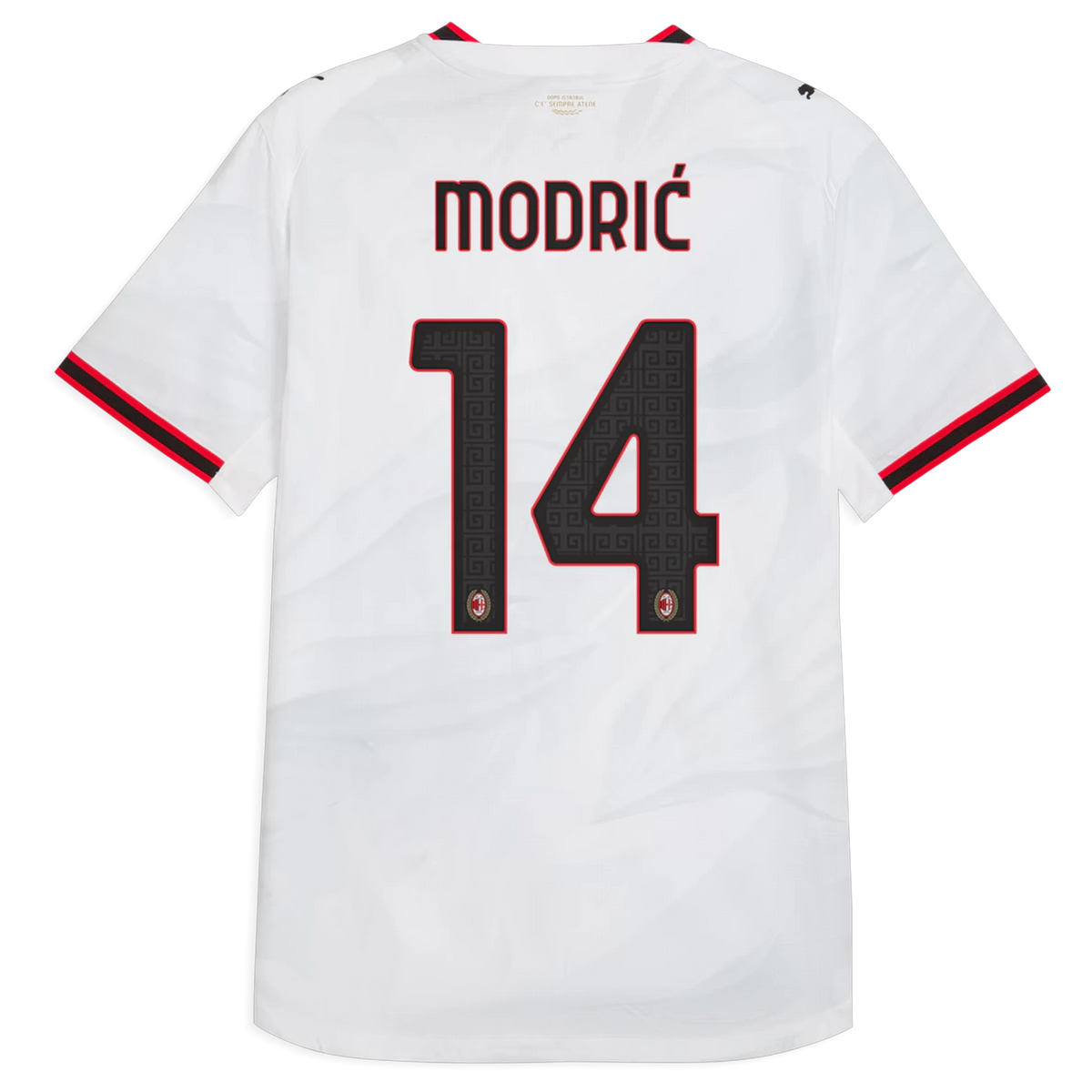 Back view of AC Milan 2026-2027 away white on-field authentic football shirt with Luka Modrić name and number 14 printing by Final Third Kit