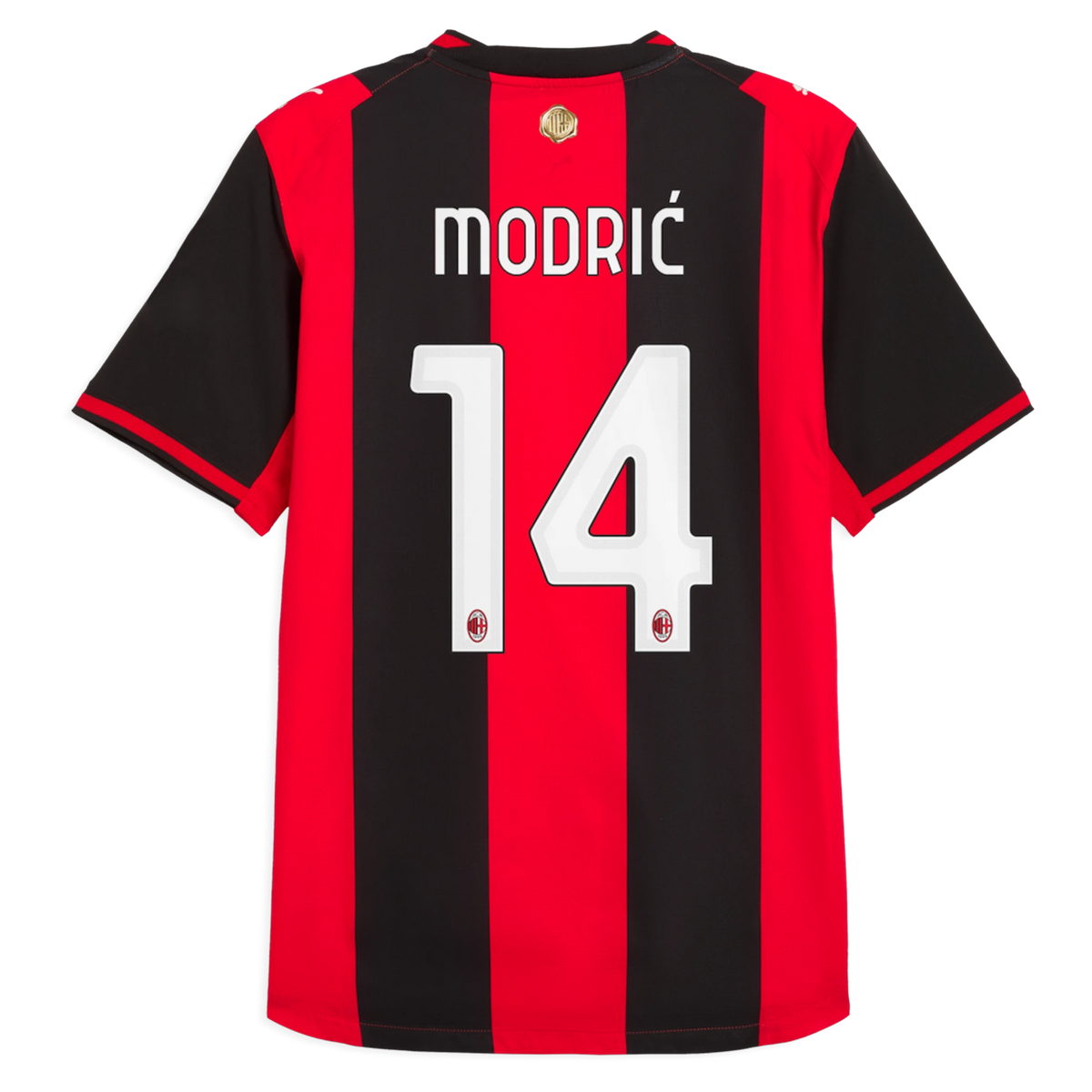 Back view of AC Milan 2026-2027 home black and red on-field authentic football shirt with Luka Modrić name and number 14 printing by Final Third Kit