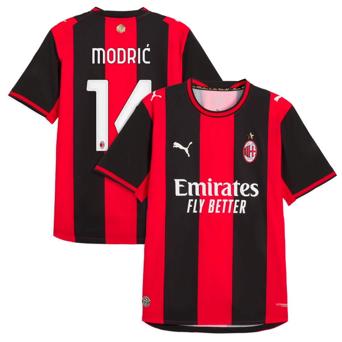 Front and back view of AC Milan 2026-2027 home black and red on-field authentic jersey featuring Luka Modrić by Final Third Kit
