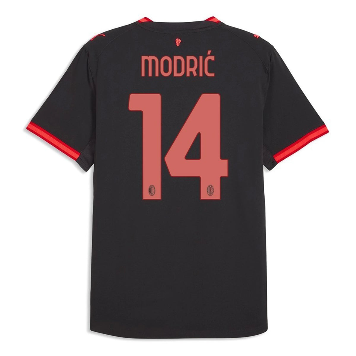 Back view of AC Milan 2026-2027 third grey on-field authentic football shirt with Luka Modrić name and number 14 printing by Final Third Kit