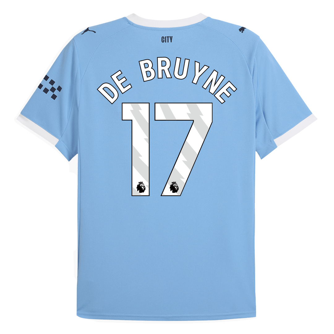 Back view of Manchester City home replica jersey showing De Bruyne 17 name and number print