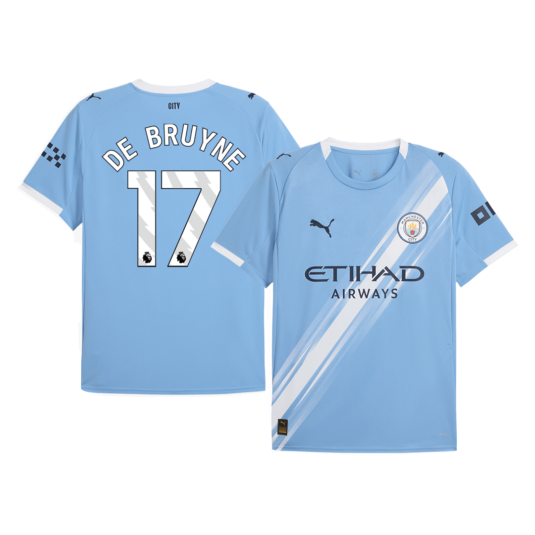 Manchester City 2025/26 home replica jersey front and back combined view with Kevin De Bruyne 17 and white sash design