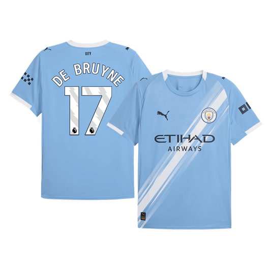 Manchester City 2025/26 home replica jersey front and back combined view with Kevin De Bruyne 17 and white sash design