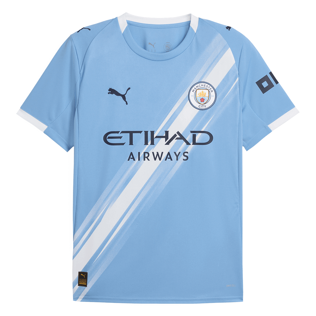 Flat lay of Manchester City home replica jersey front with De Bruyne 17 and club crest
