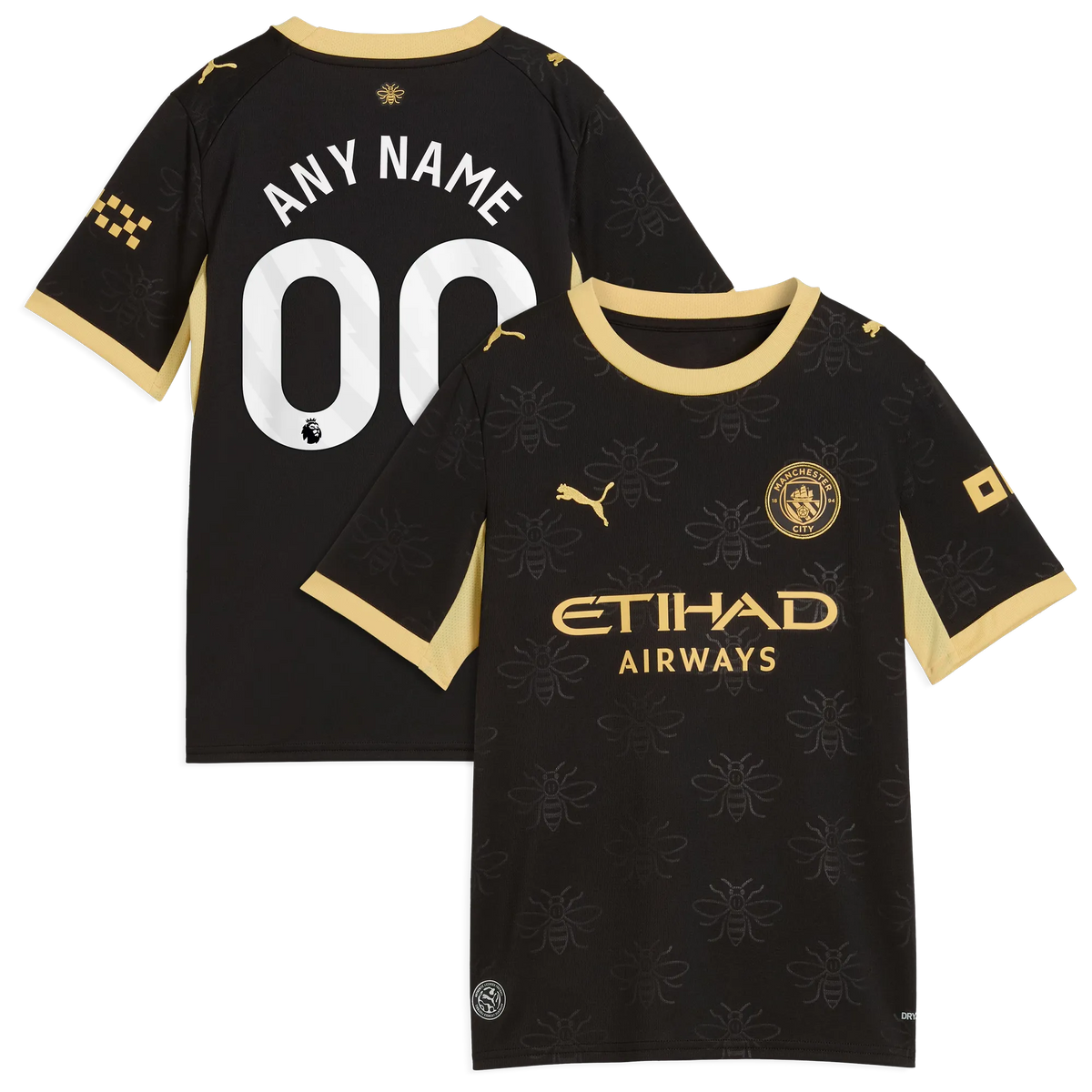 Front and back view of youth Manchester City 2026-2027 away black replica custom jersey by Final Third Kit