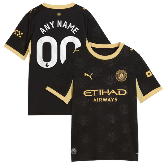 Front and back view of youth Manchester City 2026-2027 away black replica custom jersey by Final Third Kit