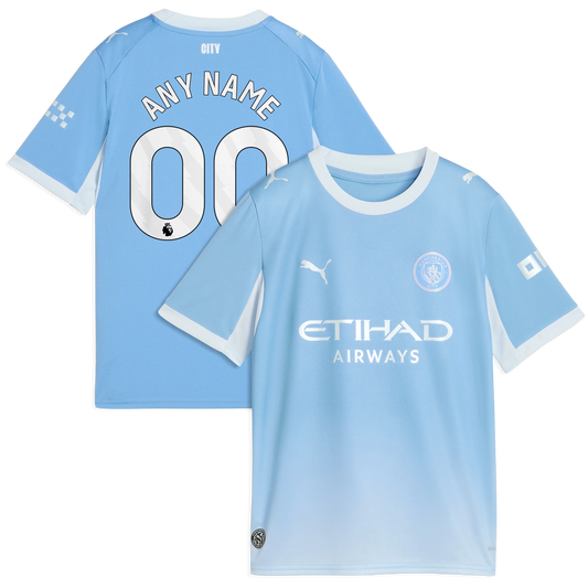 Front and back view of youth Manchester City 2026-2027 home light blue replica custom jersey by Final Third Kit