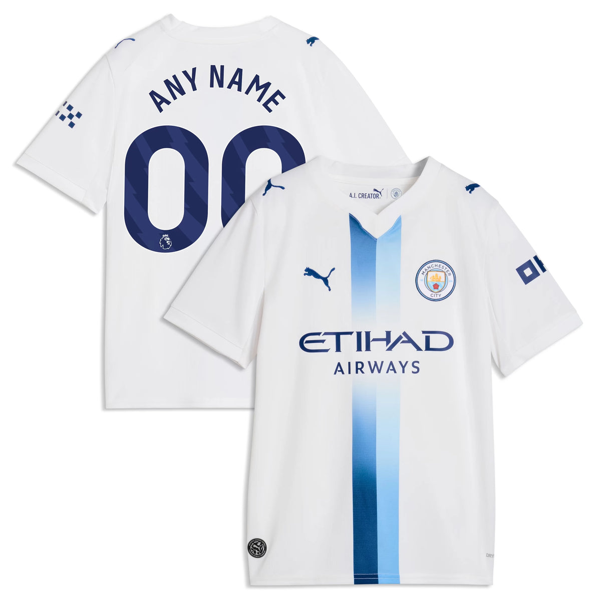 Front and back view of youth Manchester City 2026-2027 third white replica custom jersey by Final Third Kit