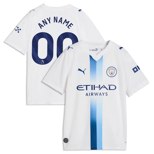 Front and back view of youth Manchester City 2026-2027 third white replica custom jersey by Final Third Kit