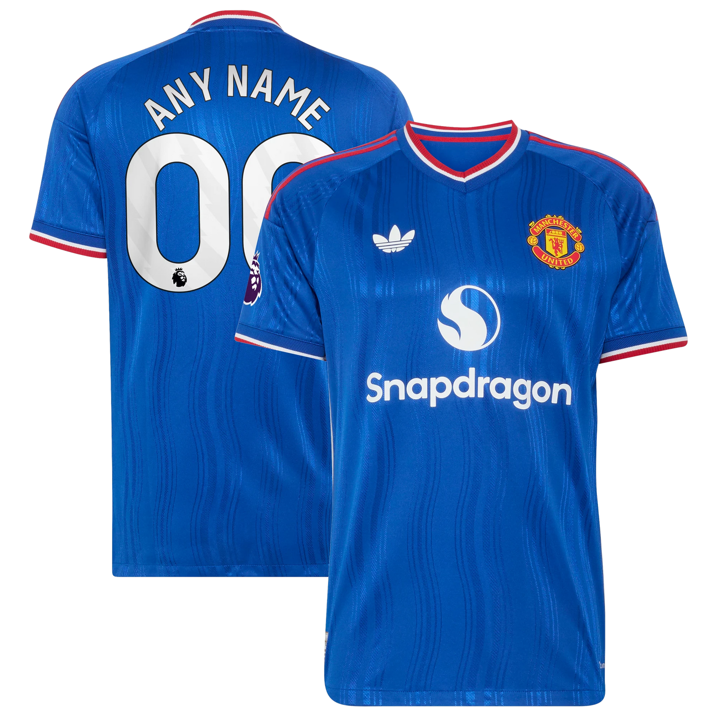 Front and back view of men's Manchester United 2026-2027 away royal blue on-field authentic custom jersey by Final Third Kit