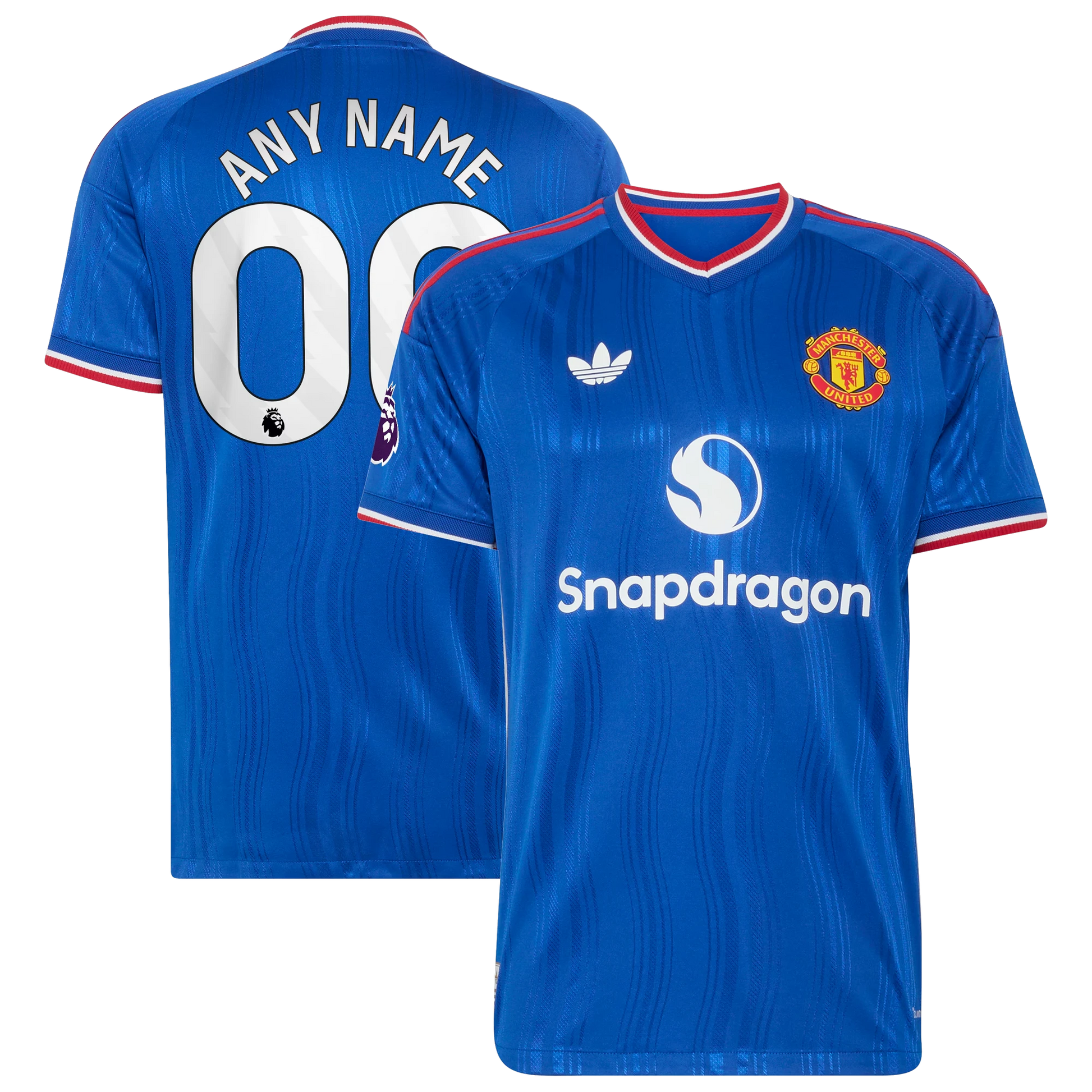 Front and back view of men's Manchester United 2026-2027 away royal blue on-field authentic custom jersey by Final Third Kit