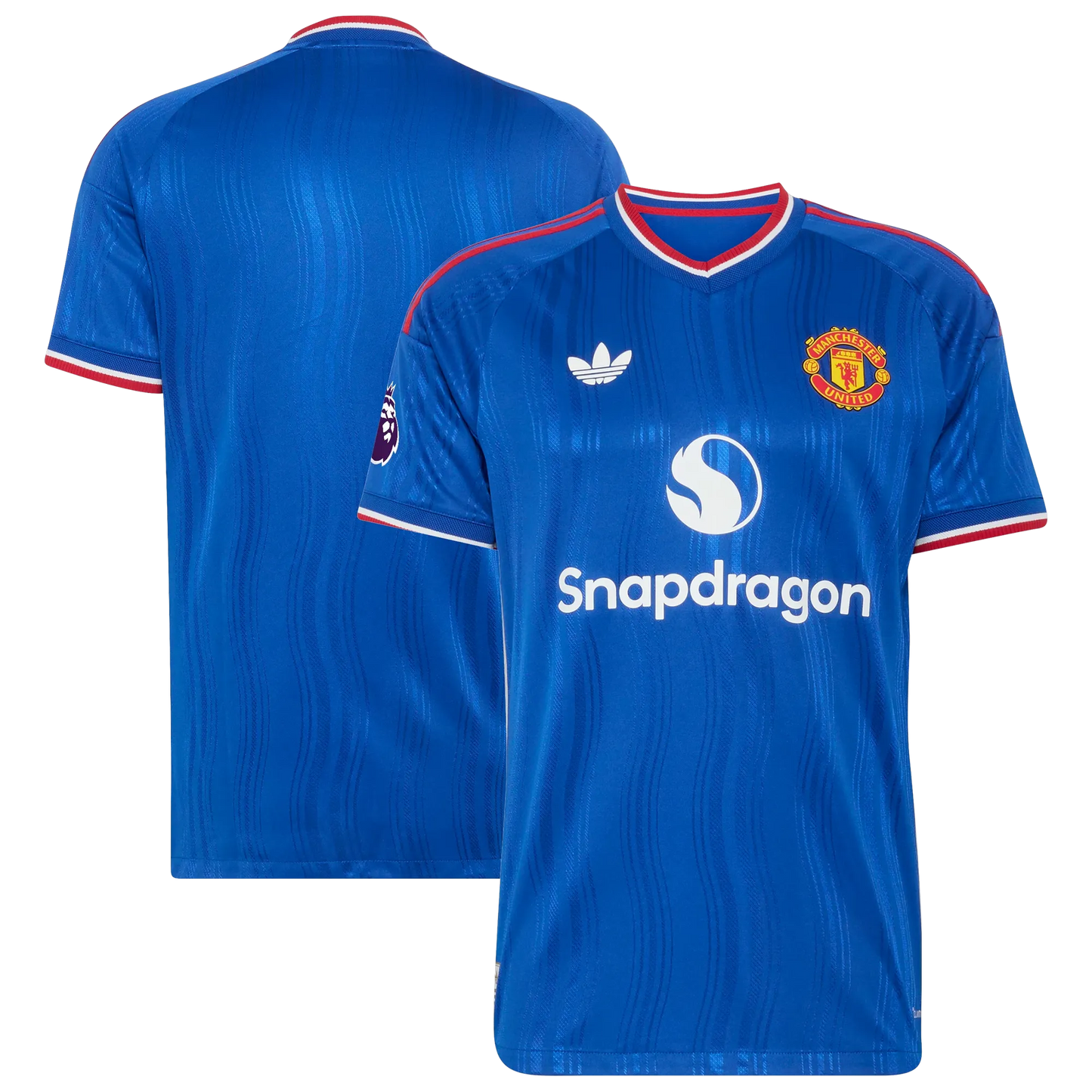 Front and back view of men's Manchester United 2026-2027 away royal blue on-field authentic jersey by Final Third Kit