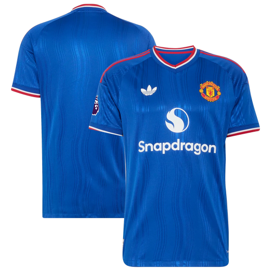 Front and back view of men's Manchester United 2026-2027 away royal blue on-field authentic jersey by Final Third Kit