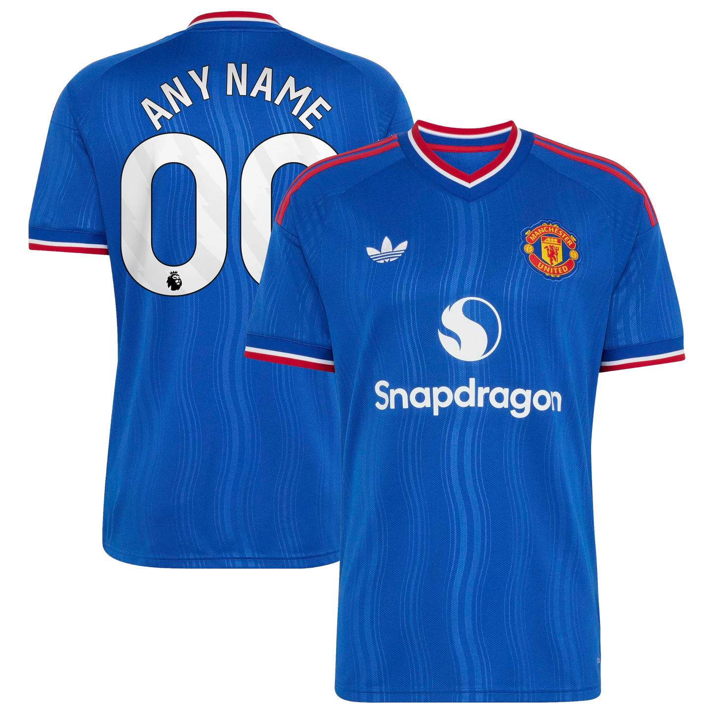 Front and back view of men's Manchester United 2026-2027 away royal blue replica custom jersey by Final Third Kit