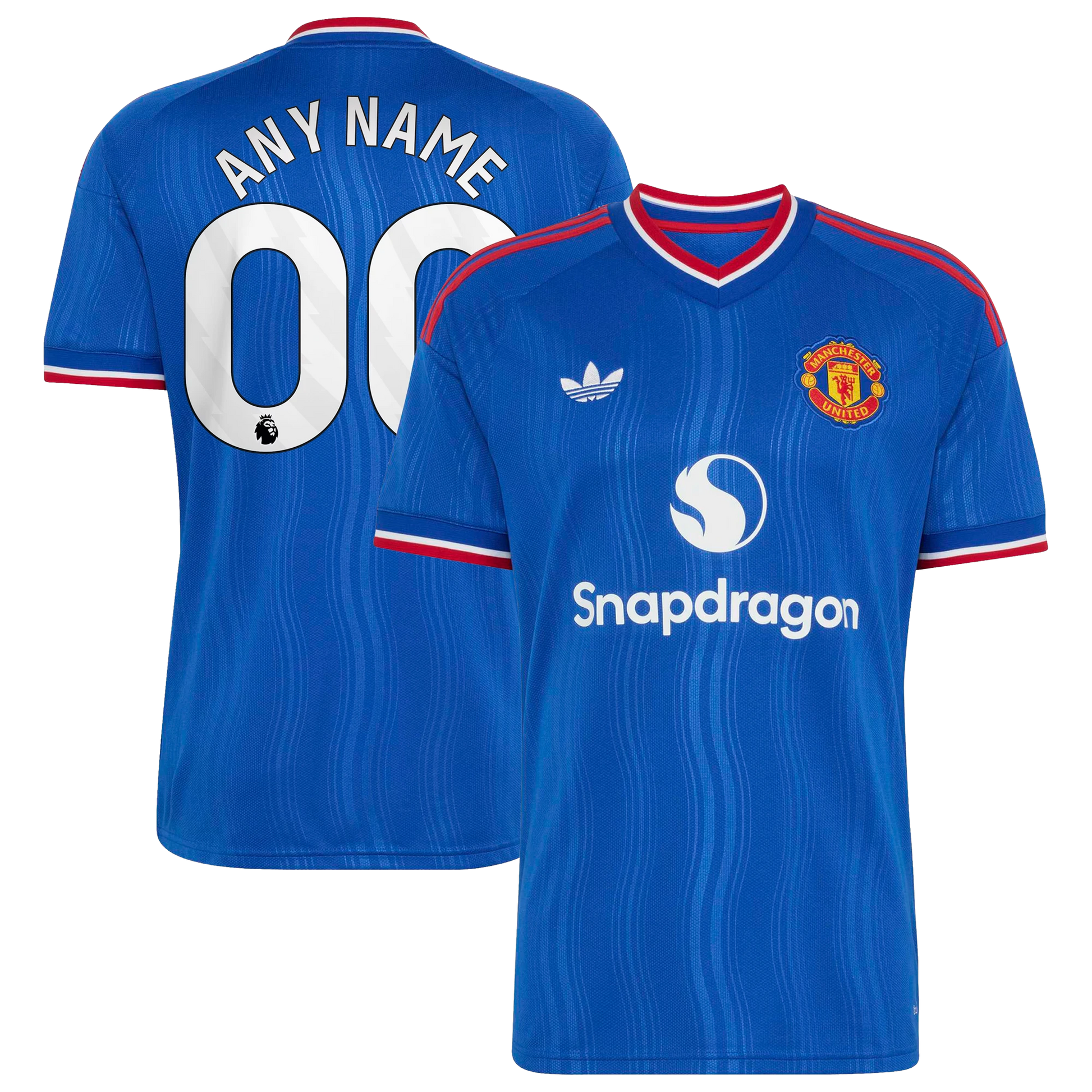 Front and back view of men's Manchester United 2026-2027 away royal blue replica custom jersey by Final Third Kit